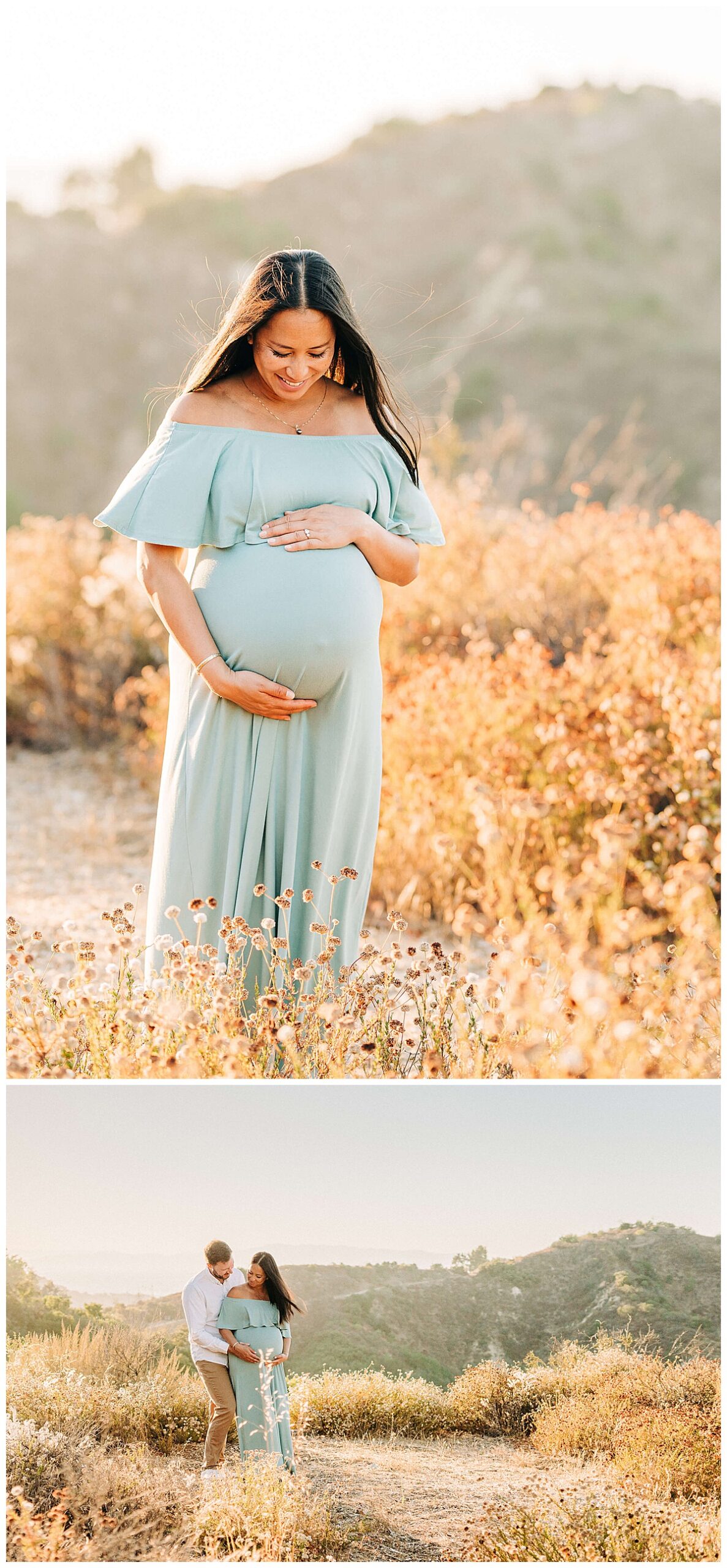 Maternity photo shoot at Coldwater Canyon park. Pregnant lady wearing a turquoise dress.